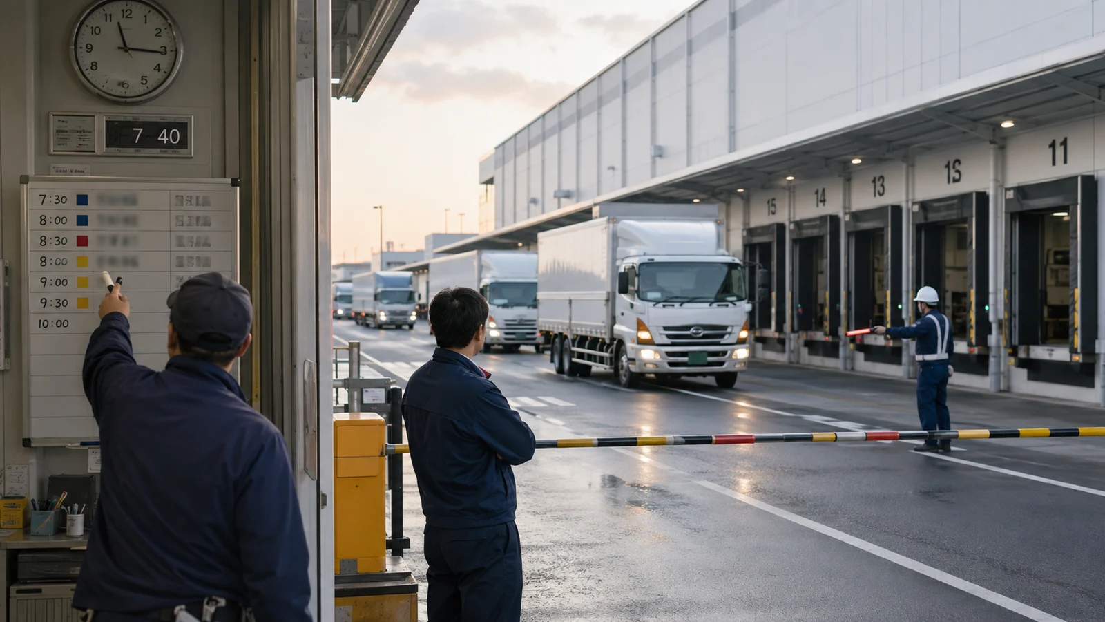 物流センターの入退門時刻、バース予約、荷役終了、積載率を一つの運行画面で確認するCLOと現場責任者。