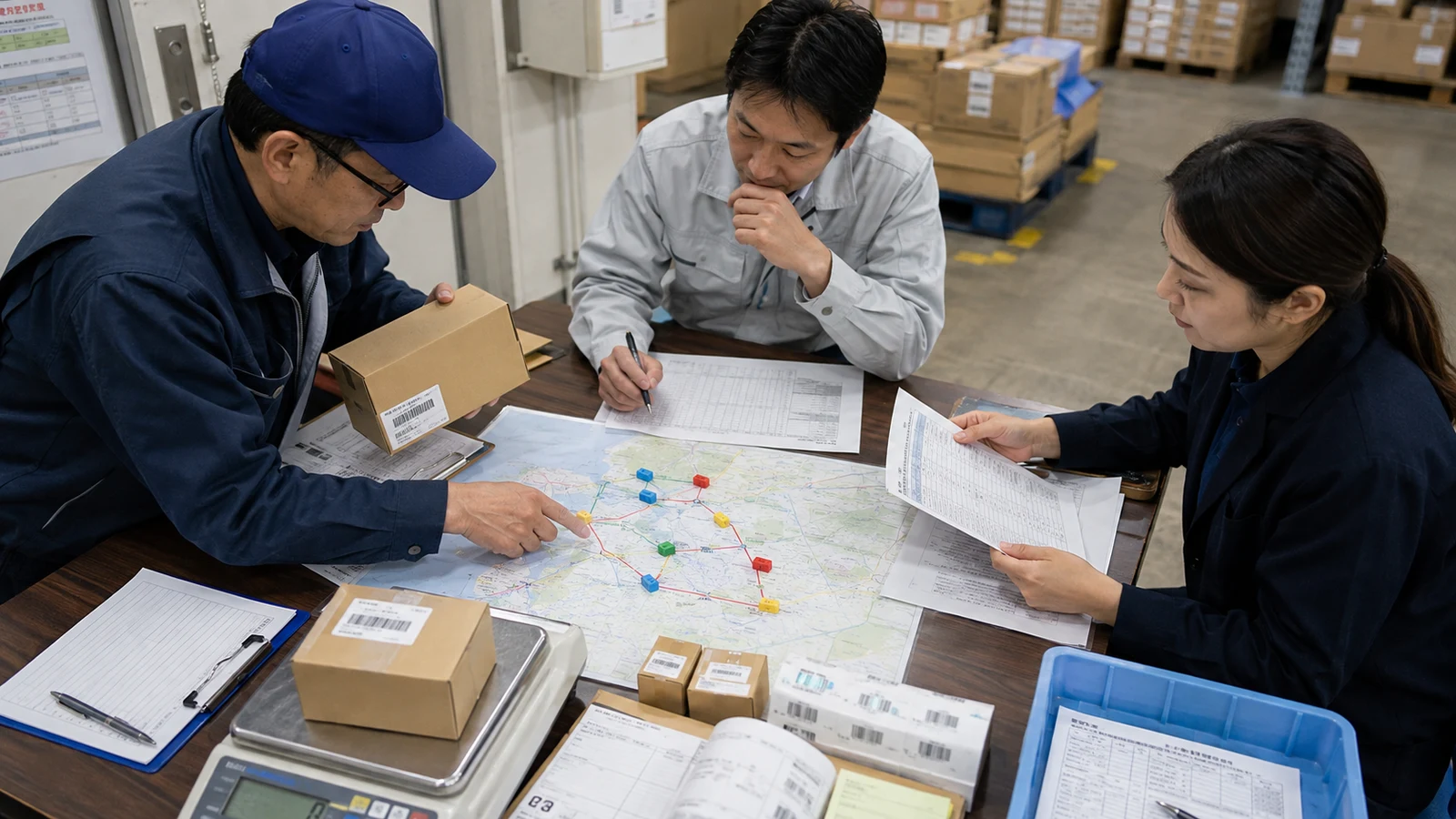 工場、物流センター、店舗、返品拠点から貨物重量を集め、第一種荷主と第二種荷主の対象線を確認している物流企画担当者。