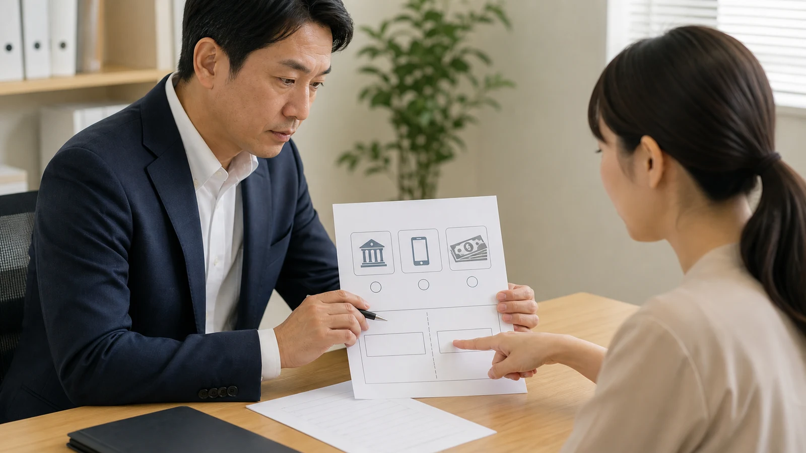 労務担当者が銀行振込、デジタル口座、現金の選択肢と、本人が指定する振分額を一枚の同意票で照合している。