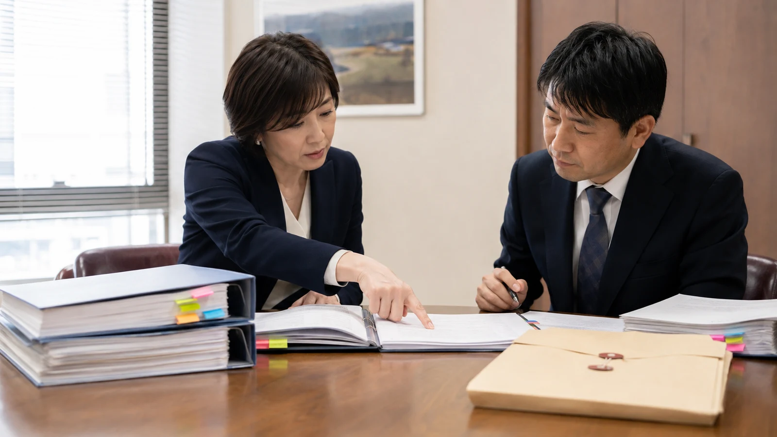 企業担当者と行政書士が、事実資料、申請書の版、委任範囲、補正窓口を契約表と照合している。