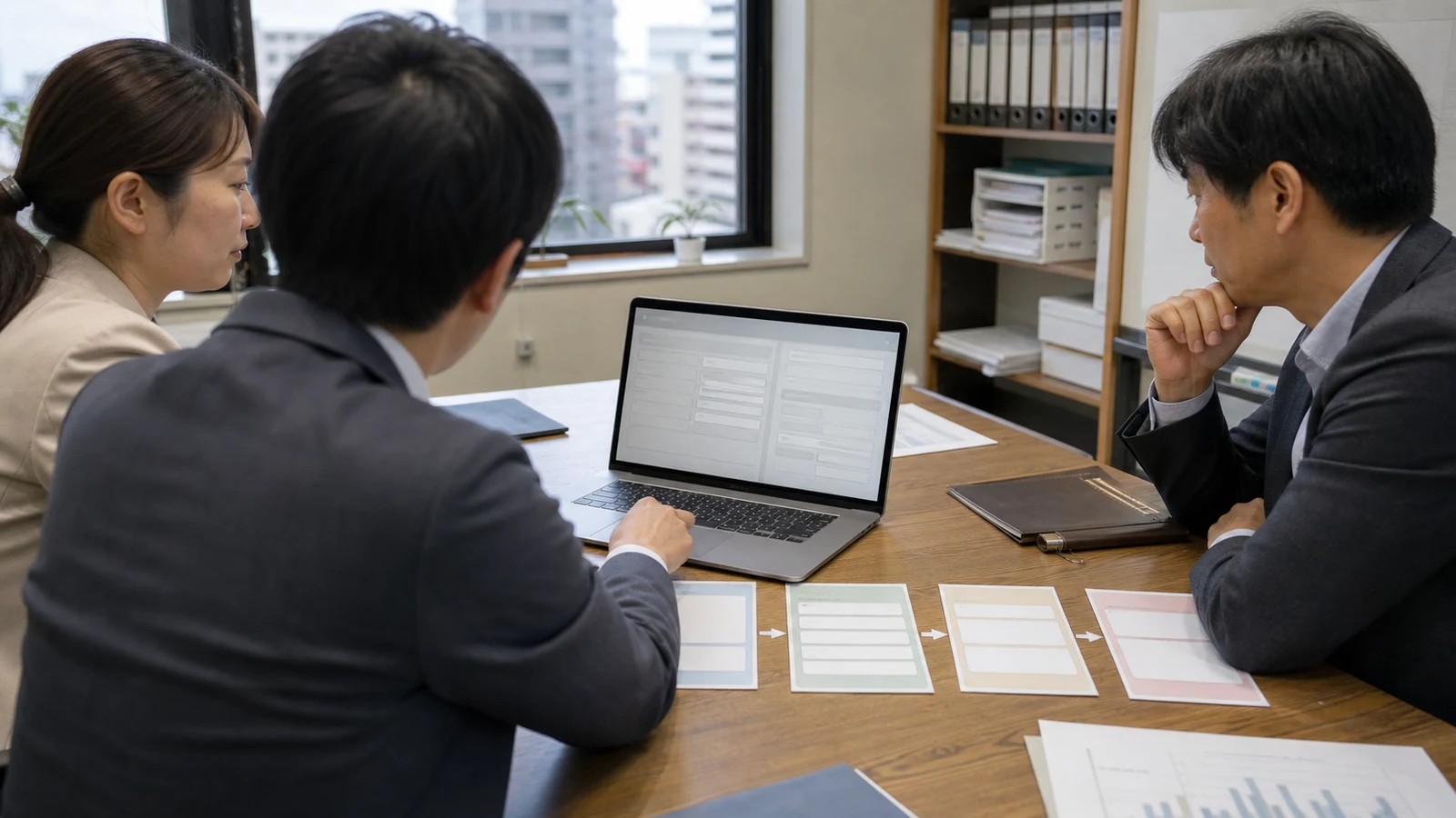 申請支援サービスの担当者が、利用者入力、一般情報、自動チェック、行政書士の個別判断を工程図上で分けている。