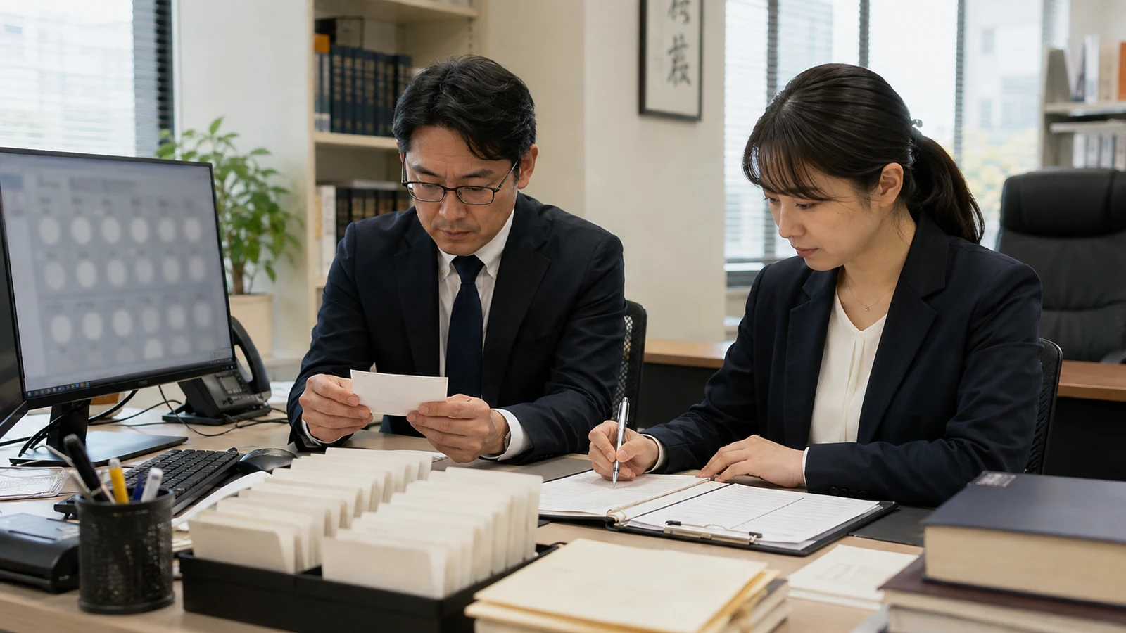 法律事務所の担当者が、mintsの受領通知、提出期限、主副担当、未確認アラートを事件管理表と照合している。