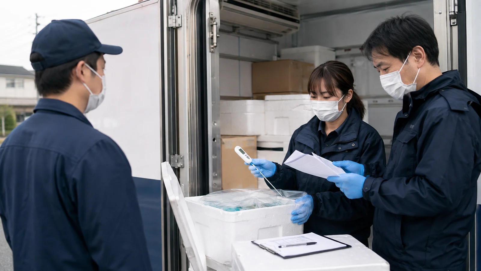 冷蔵食品の寄附受渡しで、寄附企業とフードバンクの担当者が温度計、ロット票、到着時刻を確認している。