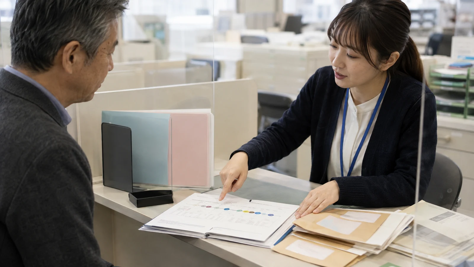 保険窓口で家族が医療保険の資格履歴、介護保険番号、自己負担額証明書、振込先を申請書と照合している。