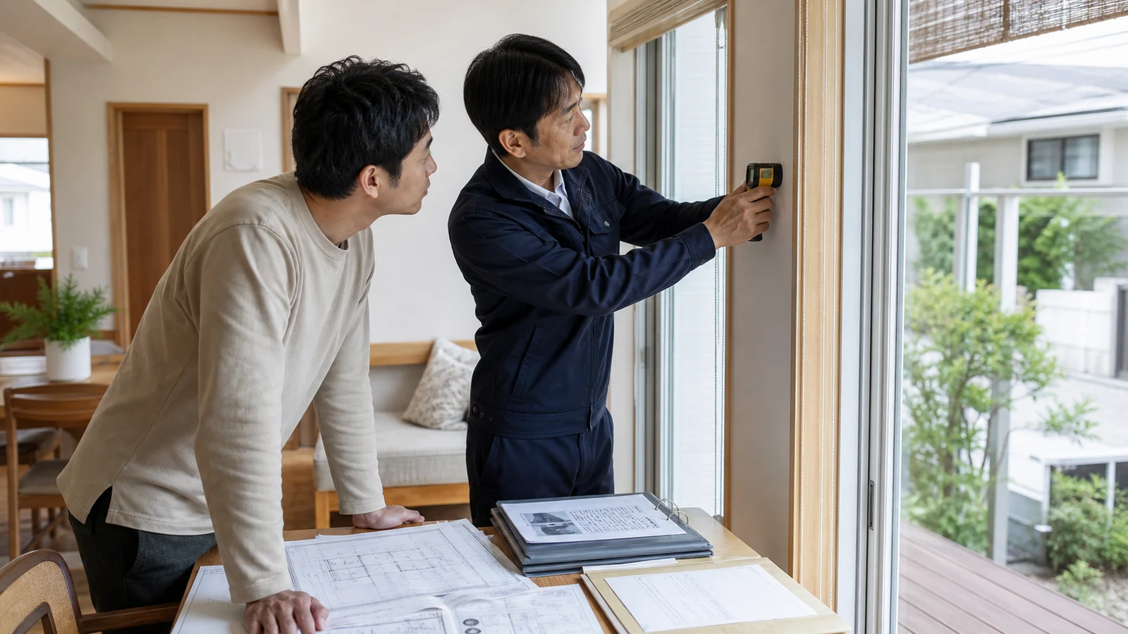 既存住宅の現地調査で、建築士と購入予定者が断熱窓、設備、図面、住宅省エネルギー性能証明の発行条件を確認している。