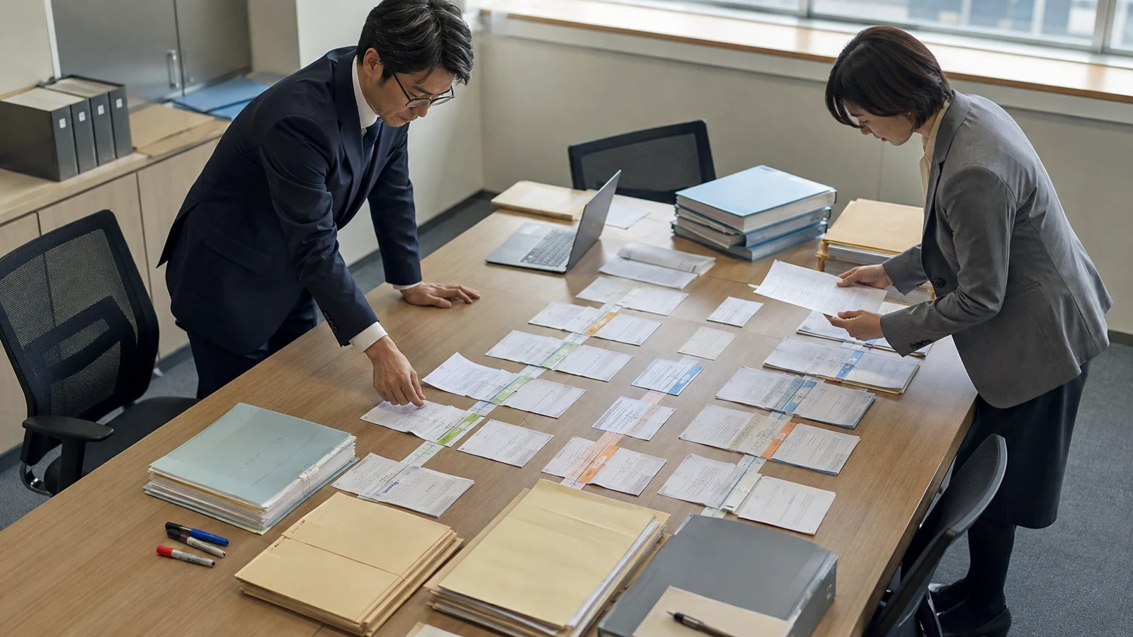 内部監査担当者が、誤りの発生、発見、経営者報告、訂正開示、改善、再評価を時系列の証拠と照合している。