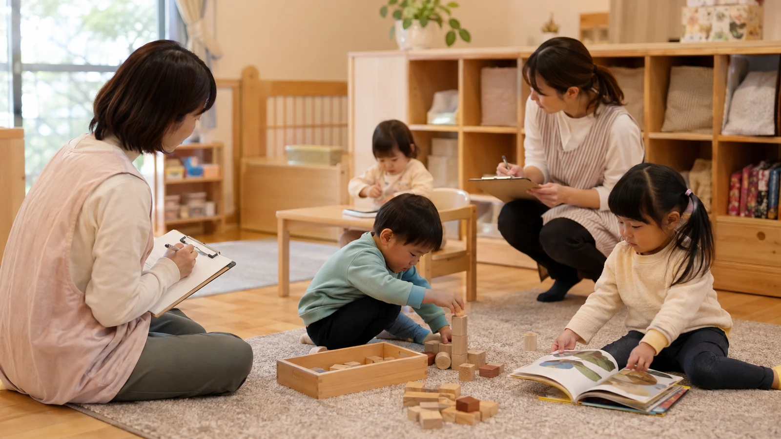 少人数の保育室で、保育者が幼い子どもたちの遊びを見守りながら個別の記録を取っている。