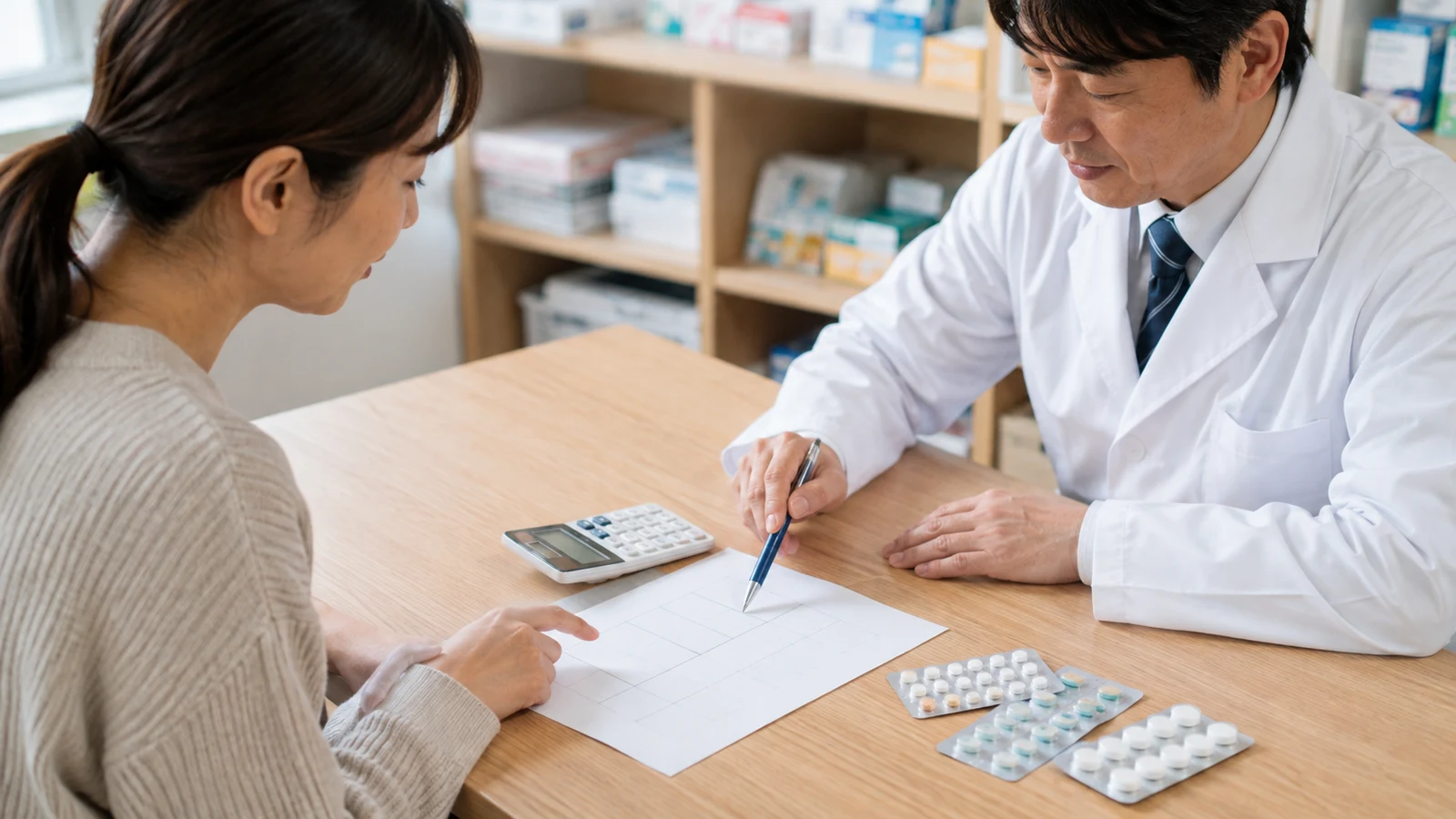 患者が薬剤師と、薬価差、数量、特別料金、消費税、年間処方回数を一枚の費用表で計算している。