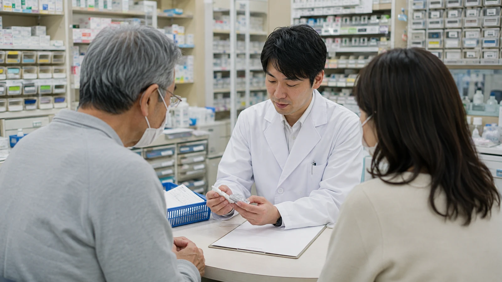 薬剤師が患者に、先発品、複数の後発品、在庫状況、処方箋の変更可否を薬剤情報とともに説明している。