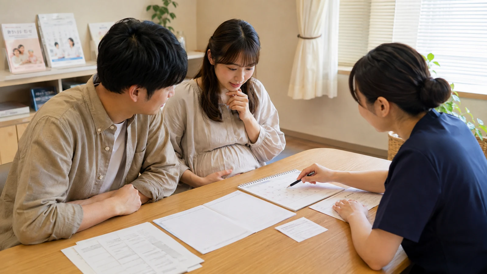 妊婦とパートナーが助産師外来で、計画日、夜間陣痛、費用、立会い、緊急時の希望を質問票へ記入している。