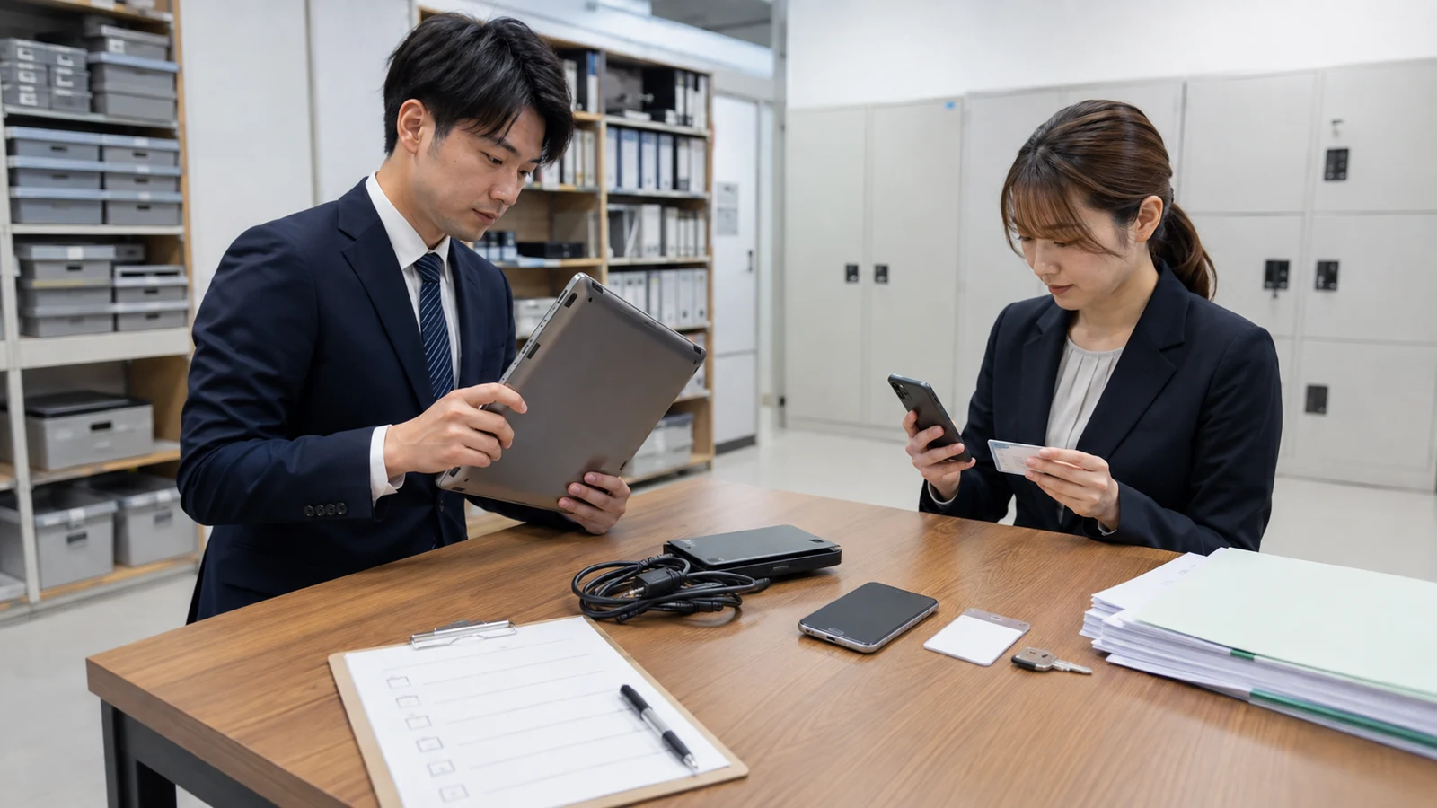 人事担当者と情報システム担当者が、退職者のパソコン、社員証、鍵、アカウント、書類の返却チェック表を確認している。