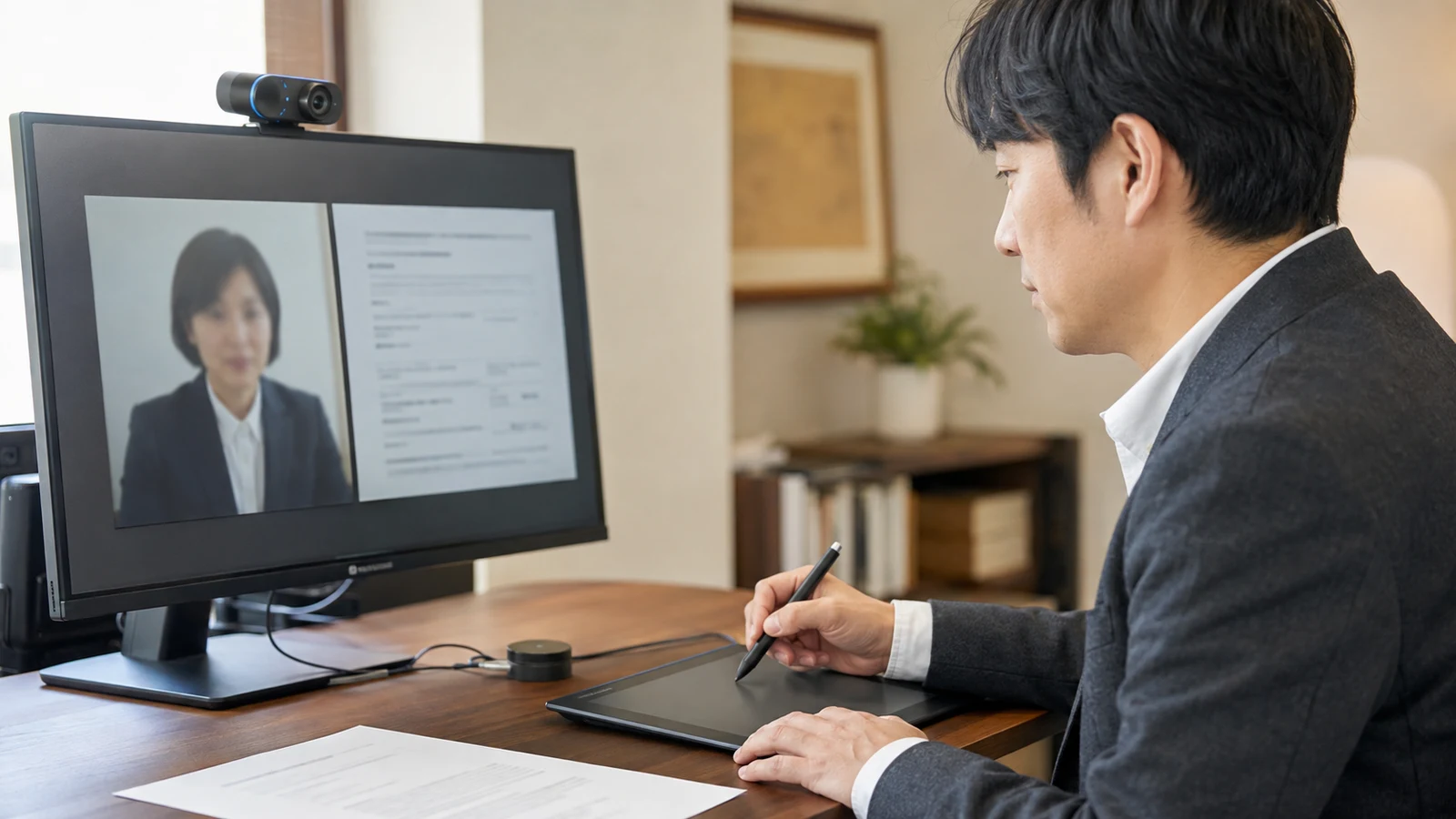 公証人とのウェブ会議中に、当事者が最終条項を読み合わせ、ペンタブレットで電子サインしている。
