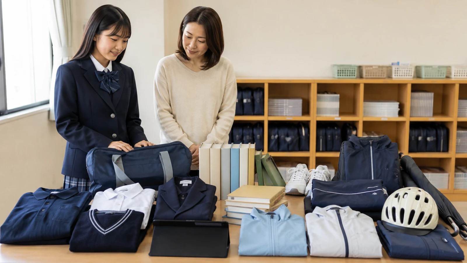 高校の制服、教科書、タブレット、通学用品を、必須、再利用可能、希望制の三つに分けて確認している。