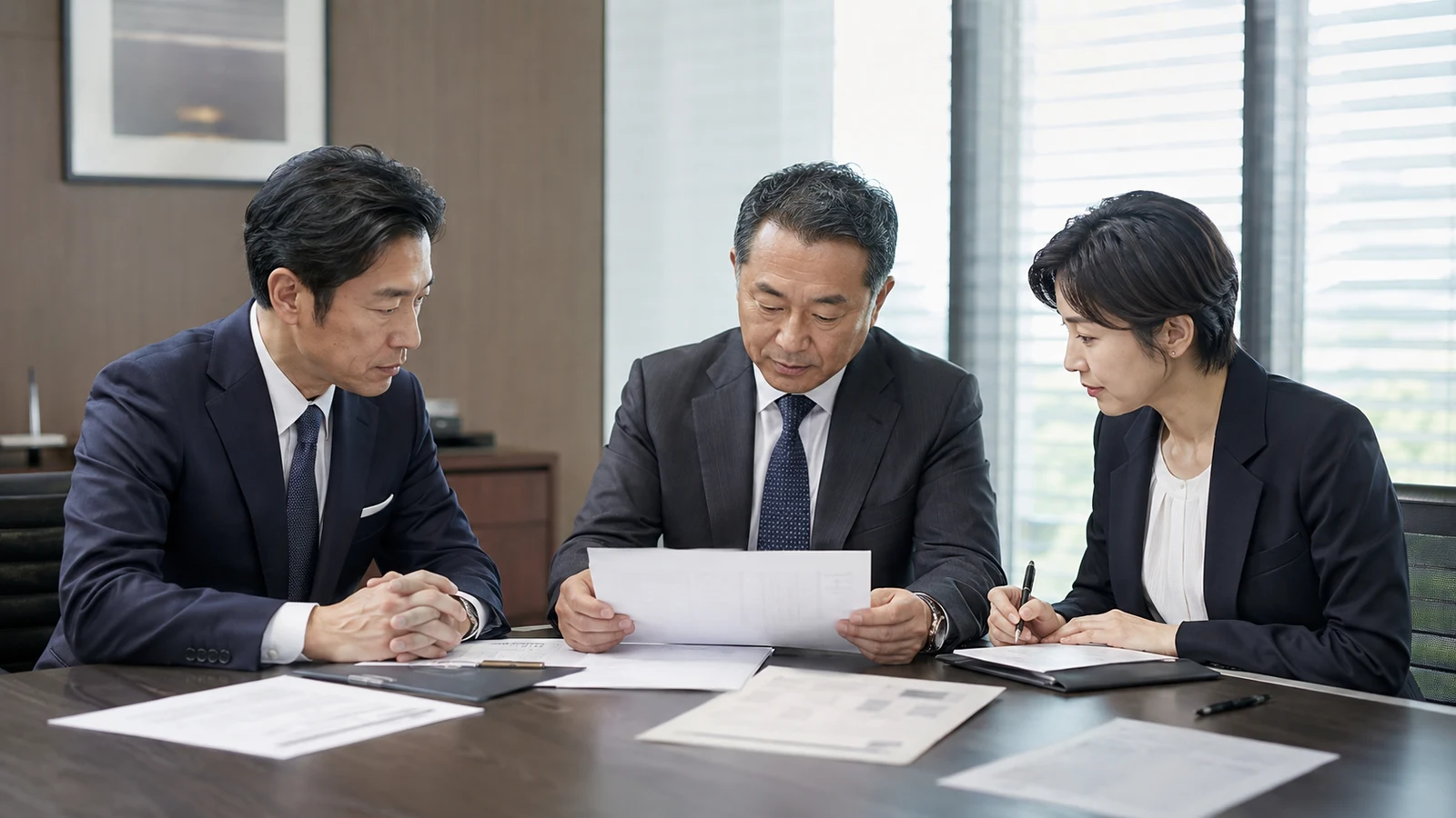 会社代表者、銀行担当者、司法書士が、本人確認と不動産取引に使う代替書類を会議室で確認している。
