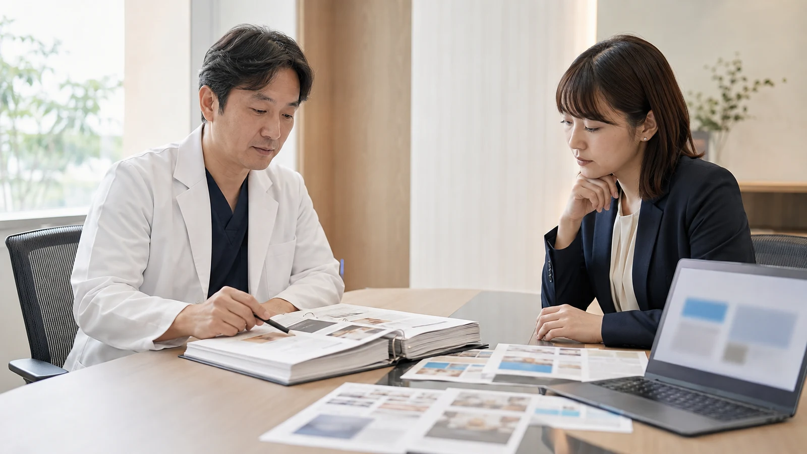 医療責任者とウェブ担当者が、公開URL、根拠資料、更新日、承認者を記した広告審査台帳を確認している。