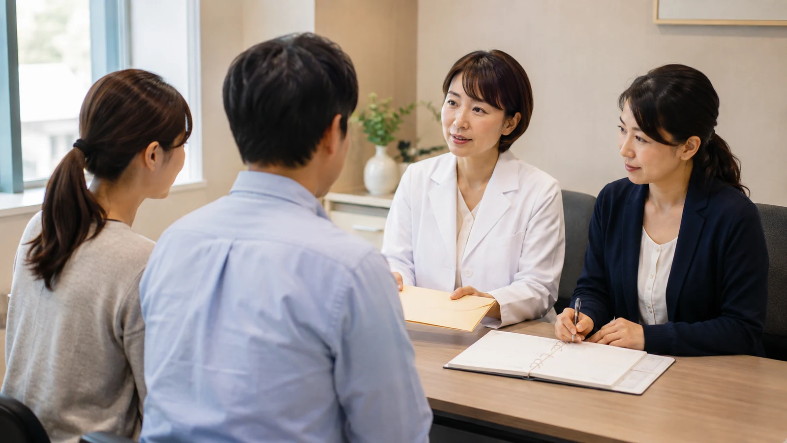 産科医と遺伝カウンセラーが、妊婦とパートナーへNIPT結果と確定検査の予約経路を落ち着いて説明している。