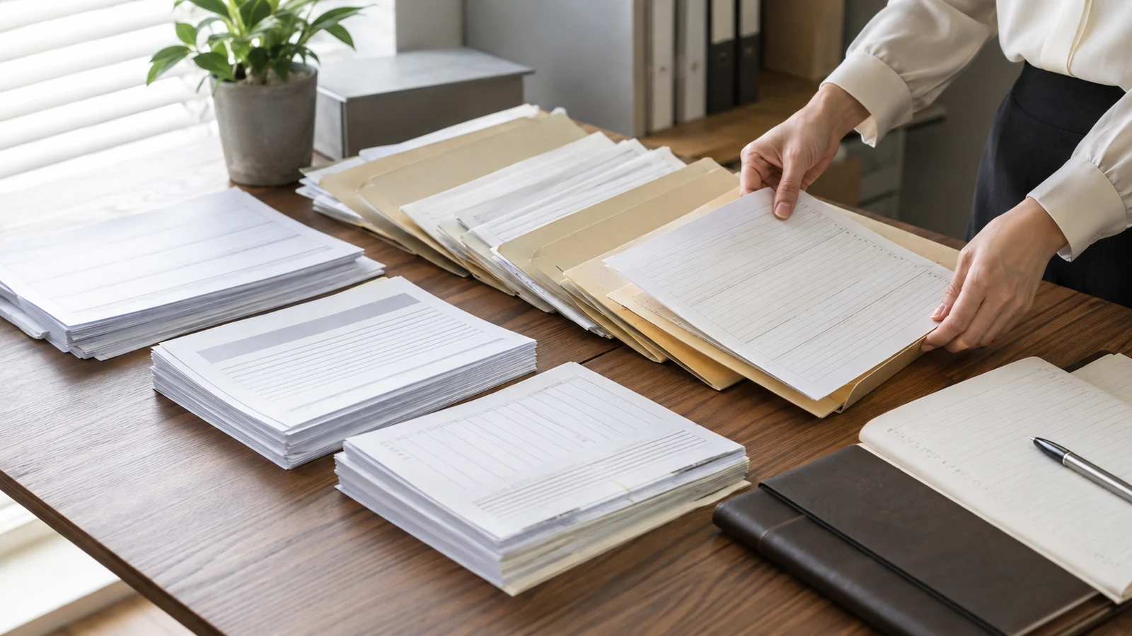 退職した労働者が、雇用契約、メール、勤怠、給与、面談メモを日付順のファイルへ整理している。