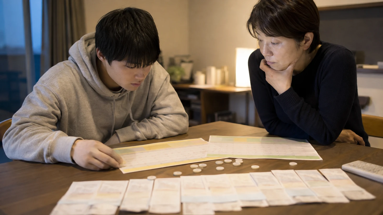 大学生が二つの勤務先のシフト表と給与明細を月別に並べ、保護者と年間収入を合算している。