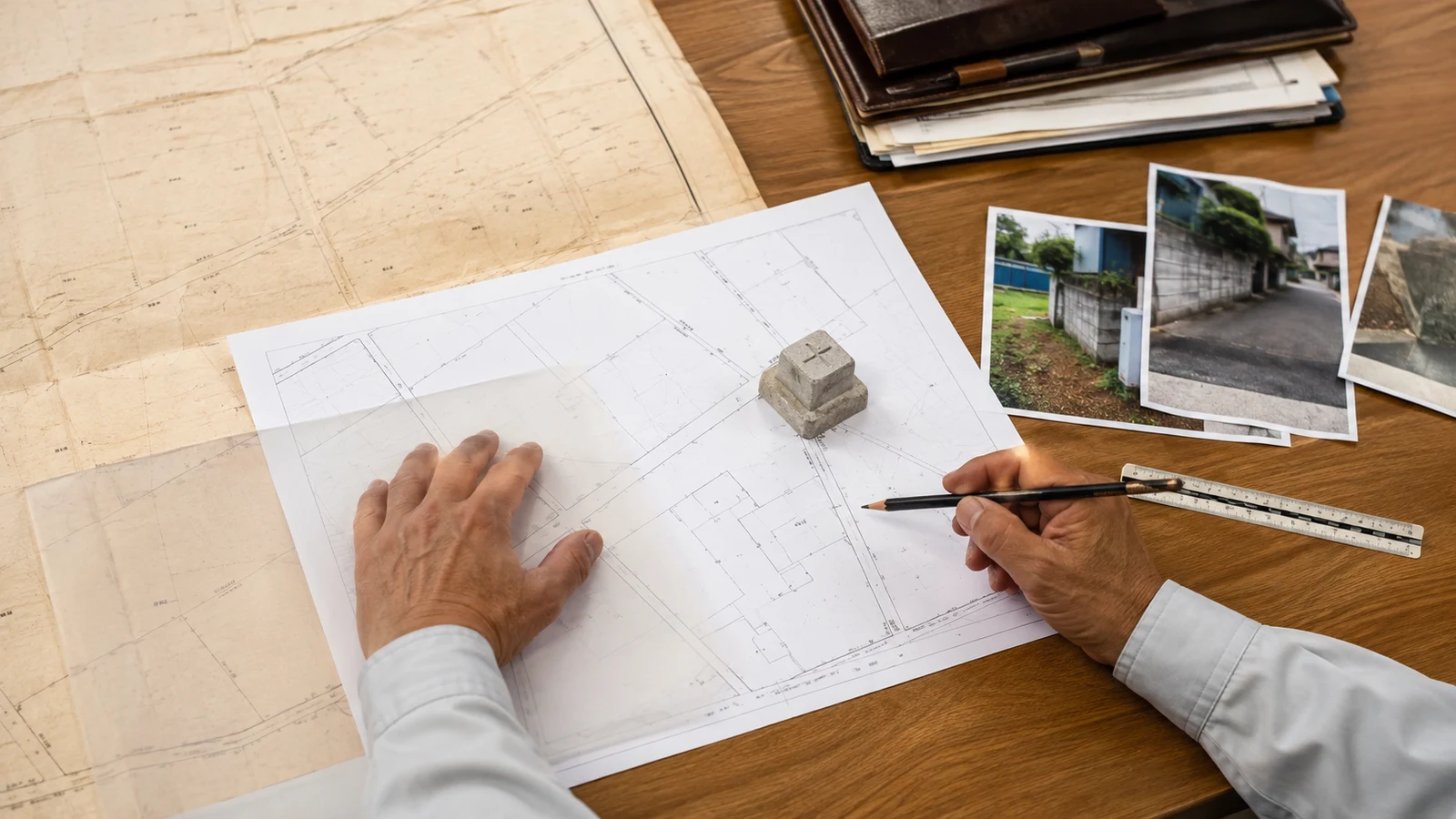 古い公図、地積測量図、現地写真、境界標の位置を一つの作業台で重ねて確認している。