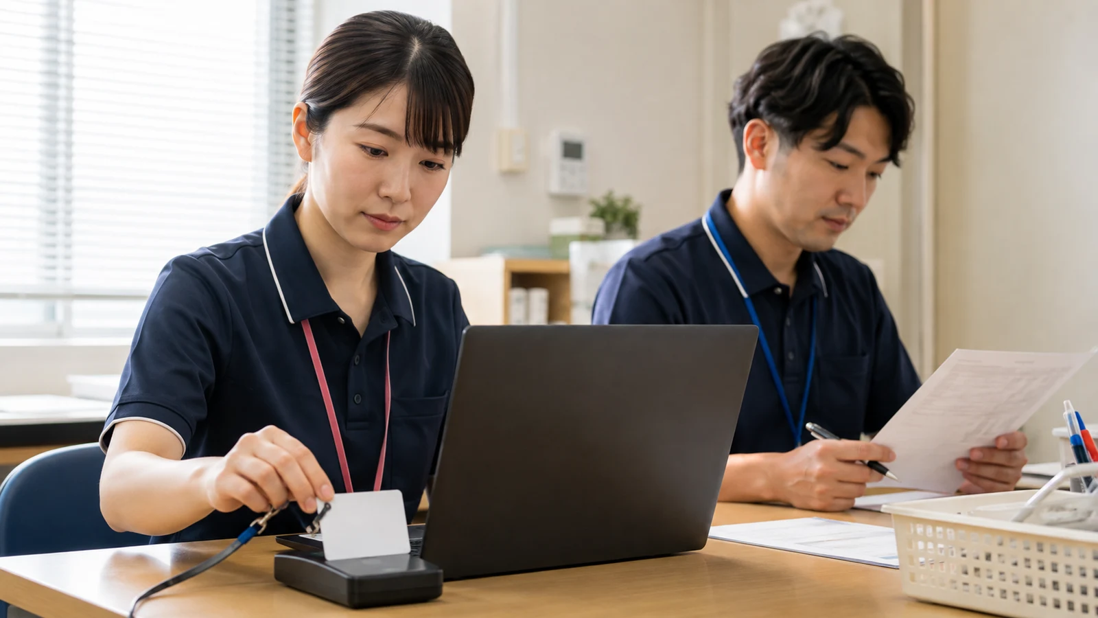 介護事業所の職員が、個人用の認証カードをカードリーダーへかざし、別の職員が権限一覧を確認している。