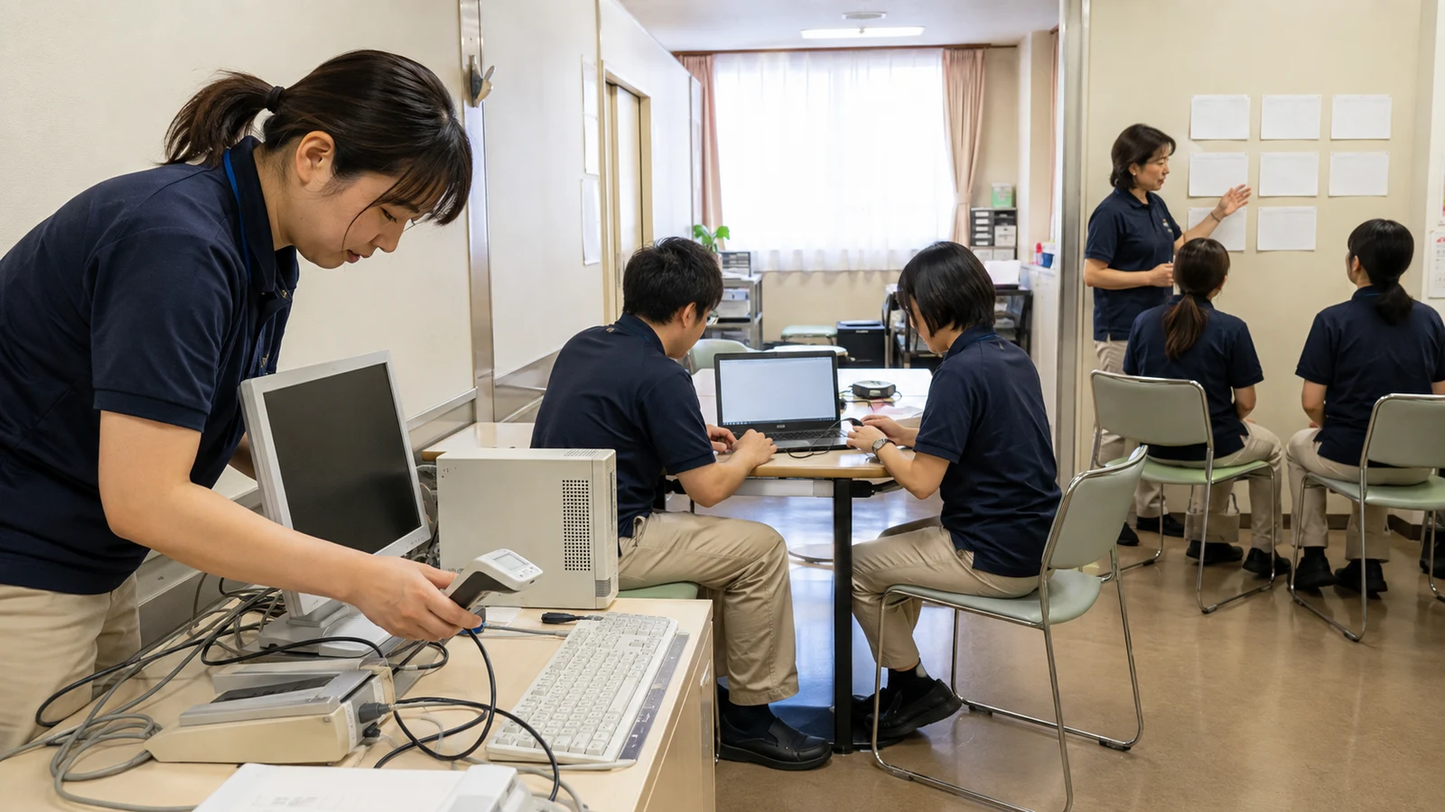 介護事業所の職員が、旧端末の棚卸し、新しい業務端末の接続試験、情報安全研修を三つの作業に分けて進めている。