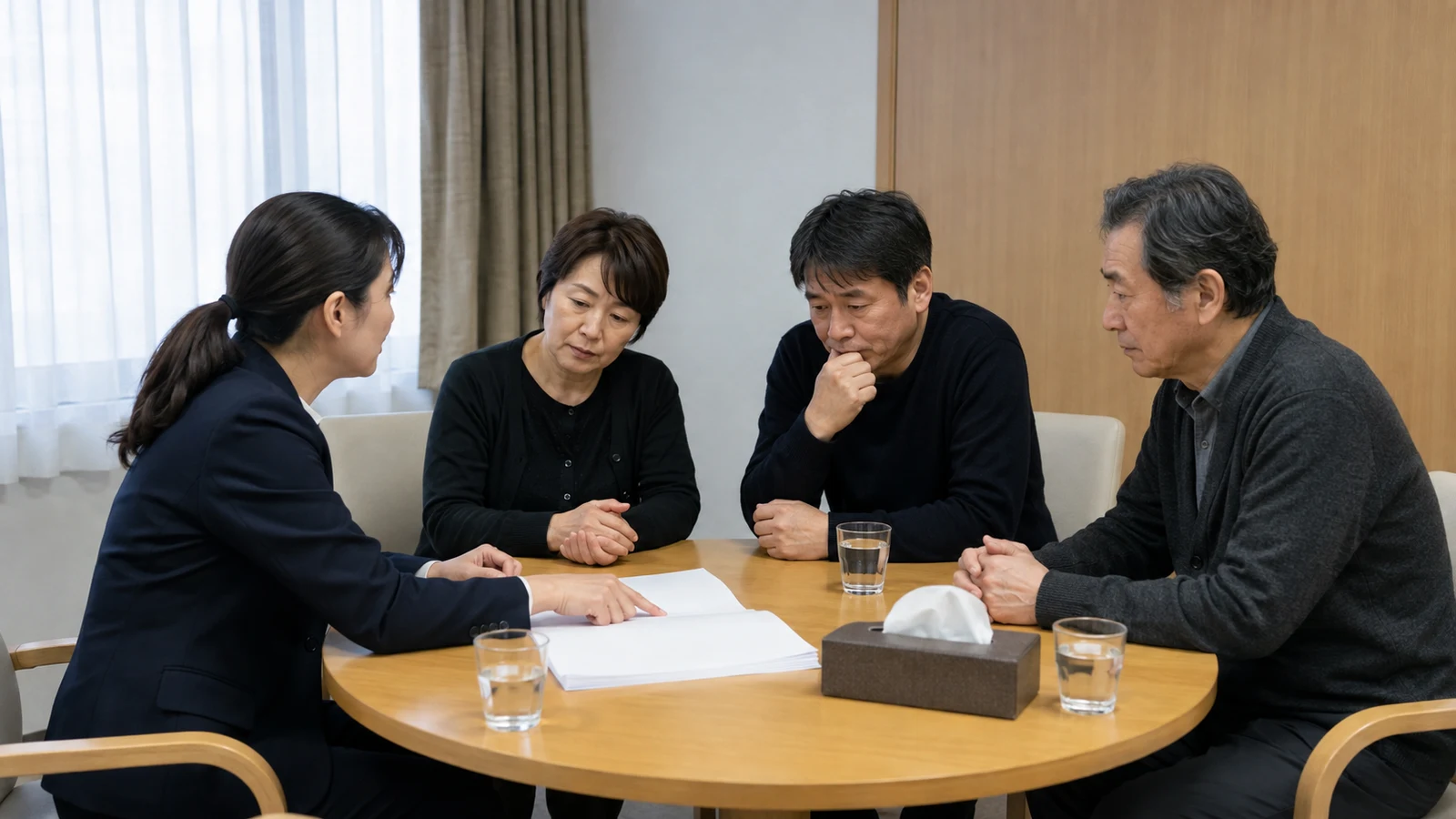 家族が医療コーディネーターから臓器提供の流れを聞き、質問を書き出して相談している。