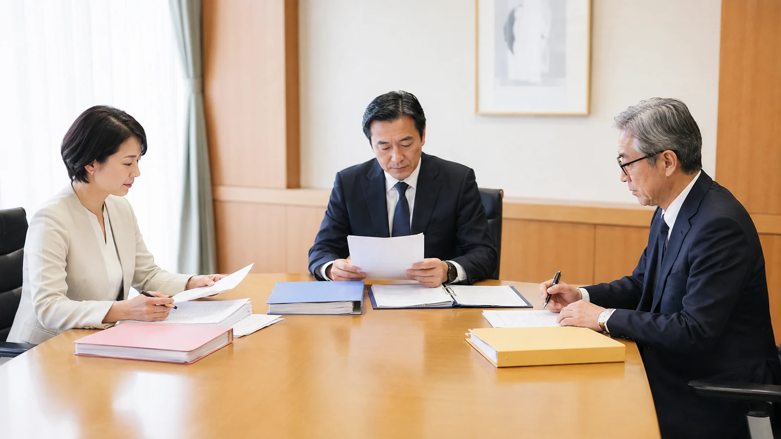 公益信託の委託者、受託者、信託管理人が、それぞれ異なる資料と権限を持って運営会議をしている。