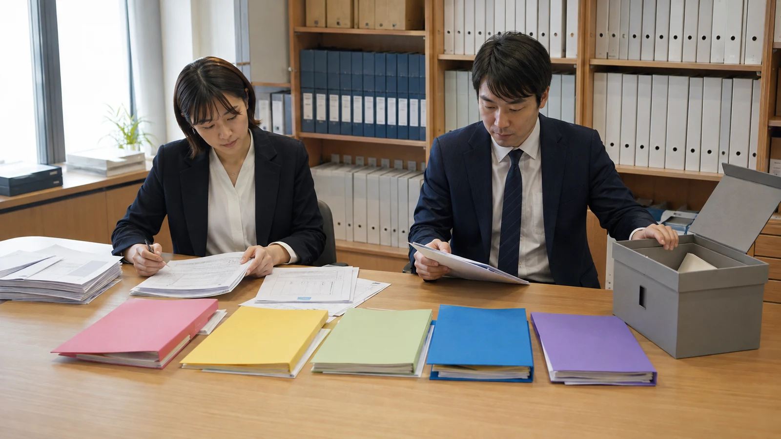 公益信託の担当者が、認可申請、助成選考、支払、年次報告、事業見直しの書類を時系列に並べている。