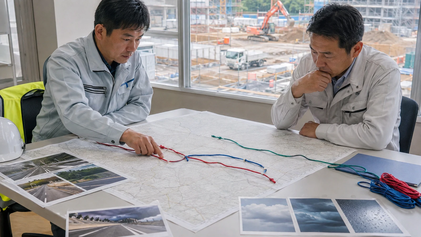 建設会社の担当者が、営業所から一つの工事現場までの通常経路、渋滞時間、代替経路、緊急連絡を地図で検証している。
