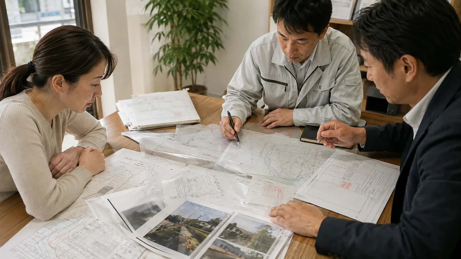 不動産購入者と専門家が、盛土の許可図、変更許可、検査済証、現況測量を地番ごとに重ねて差異を確認している。
