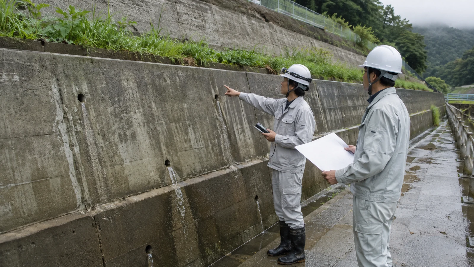 地盤と擁壁の専門家が、斜面地の亀裂、水抜き穴、集水桝、湧水、擁壁上の建物荷重を雨天後に調査している。