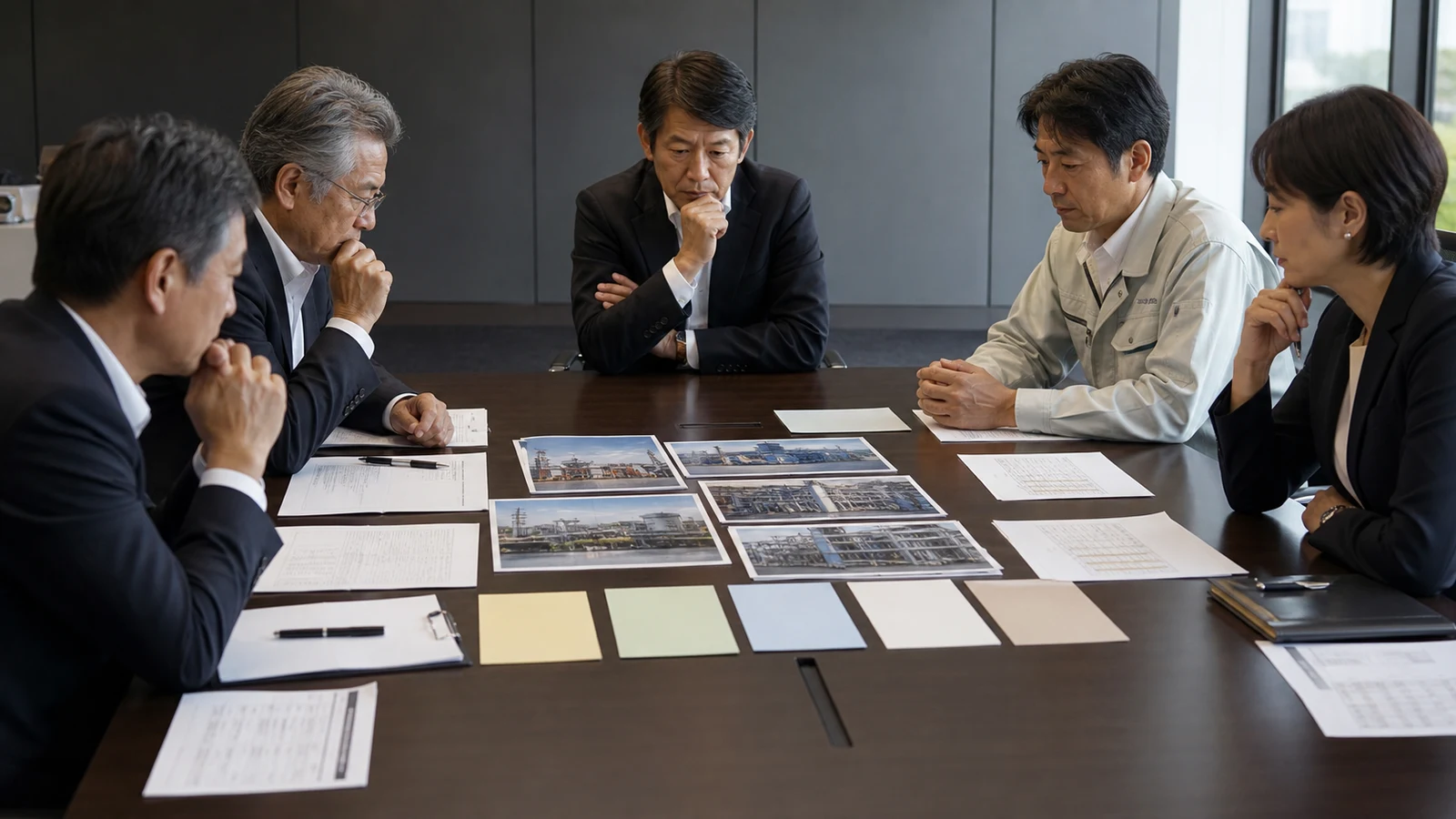製造企業の経営会議で、GX支援額、自己資金、排出削減、炭素コスト、設備稼働率を10年採算表で比較している。