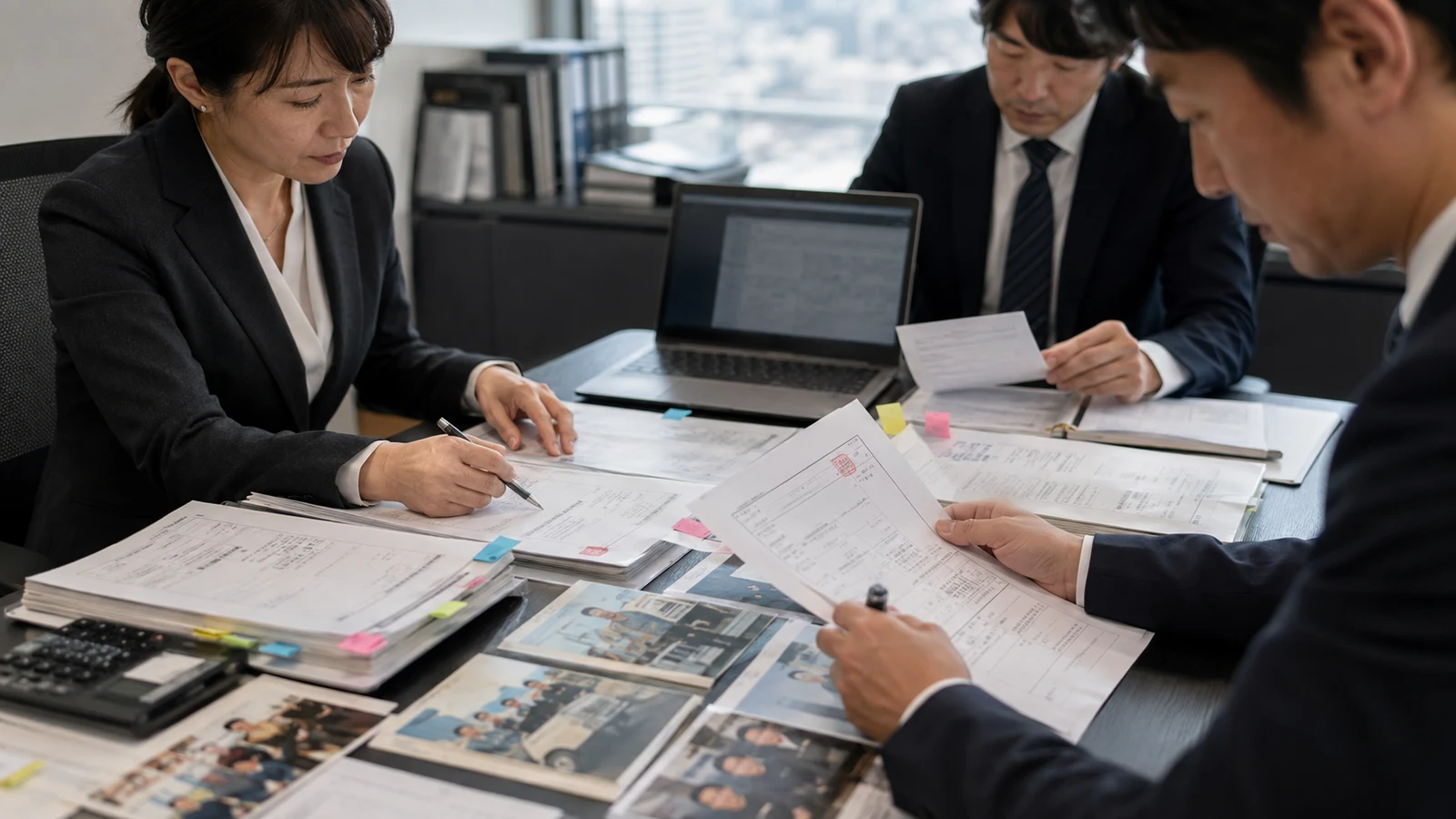 決算前の経理チームが、寄附受領証、法人の認定証明、財務省告示、協賛成果写真、銀行送金記録を一件ごとに照合している。