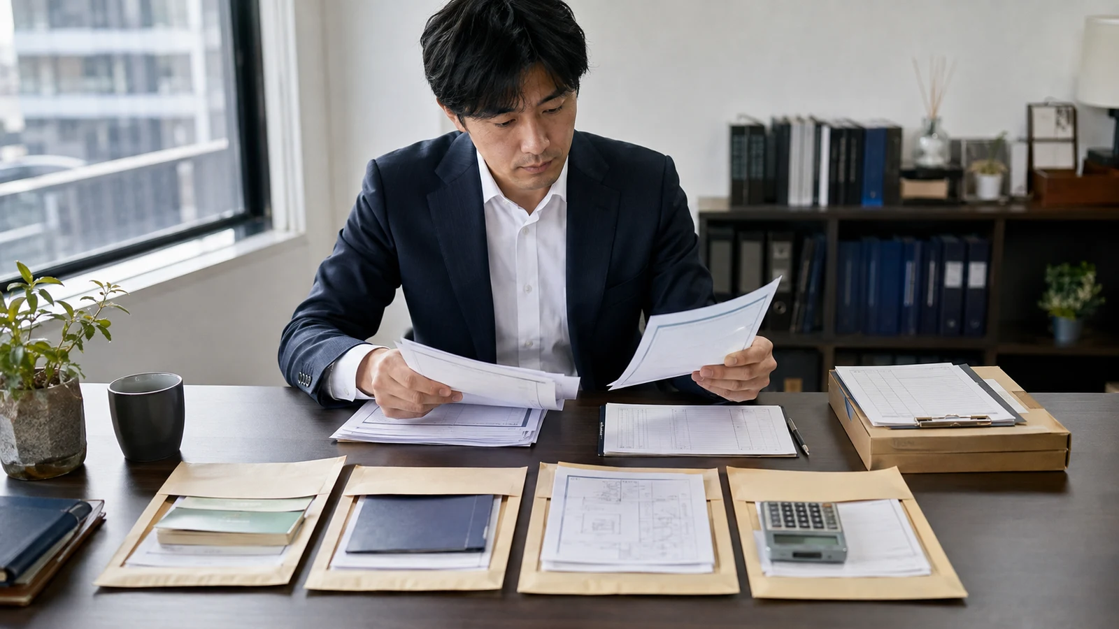 相続人が、法務局で受け取った一覧図の写しを、銀行、証券会社、相続登記、税務申告の四つの封筒へ割り当てている。
