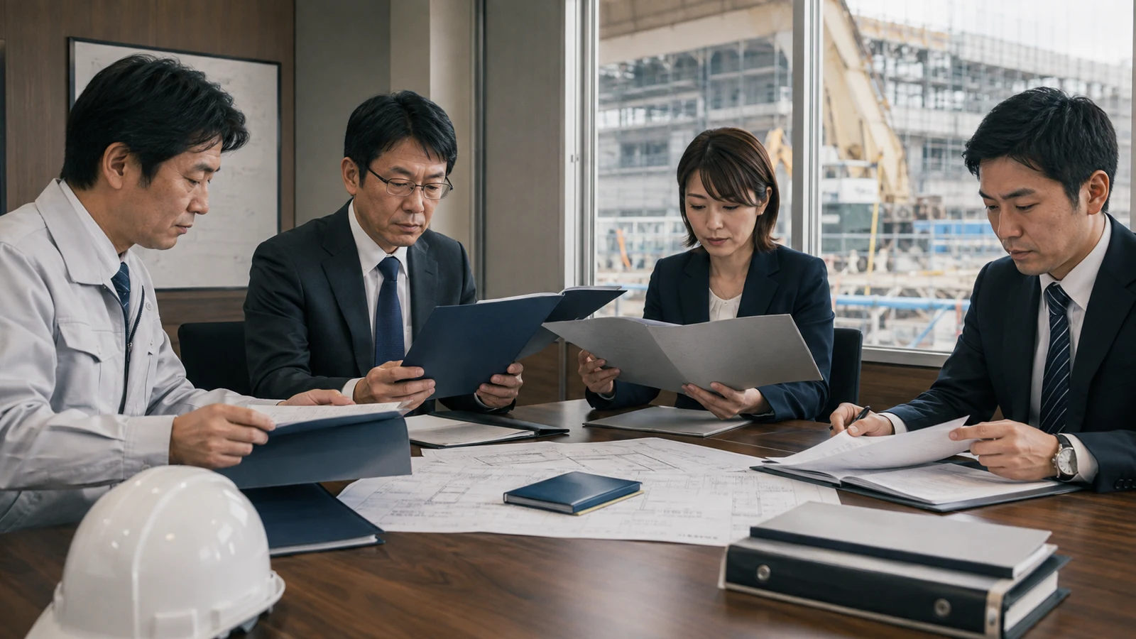 建設会社、発注者、保証事業会社、金融機関の担当者が、前払金の請求、保証、専用口座、払出し、精算を工程図で確認している。