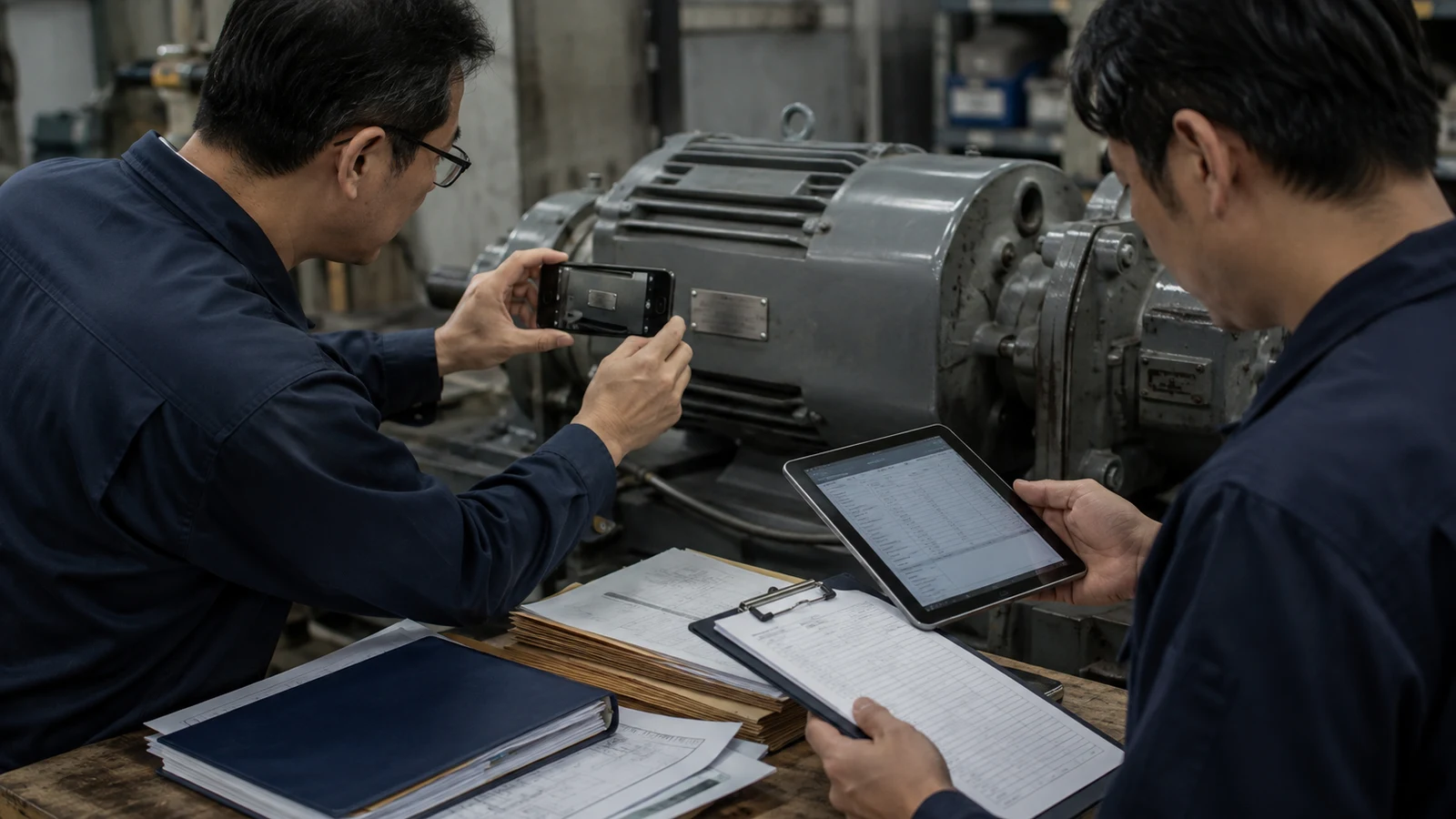 設備管理担当者が、機械銘板の製造番号、取得財産管理台帳、固定資産台帳、補助金の検査資料を照合している。