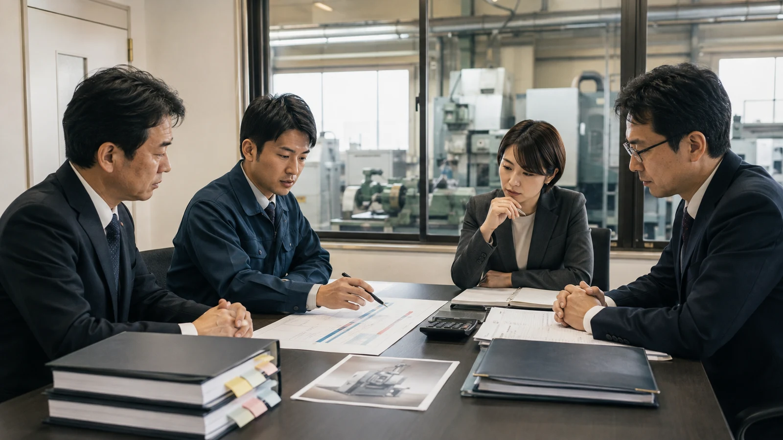 M&Aの売手と買手の担当者が、補助設備の承認、国庫納付、契約停止条件を取引カレンダー上で確認している。