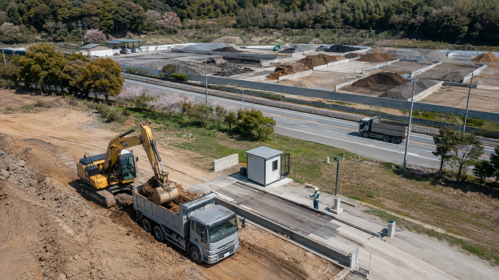 建設現場の管理者が、積込区画、ダンプ車両、運搬経路、受入地、二次搬出先を一つの便番号で追跡する管理表を確認している。