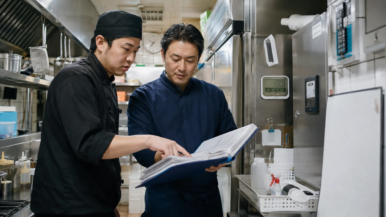 飲食店の新旧責任者が、冷蔵庫温度、清掃、アレルゲン、仕入先、回収手順を承継チェックリストで確認している。