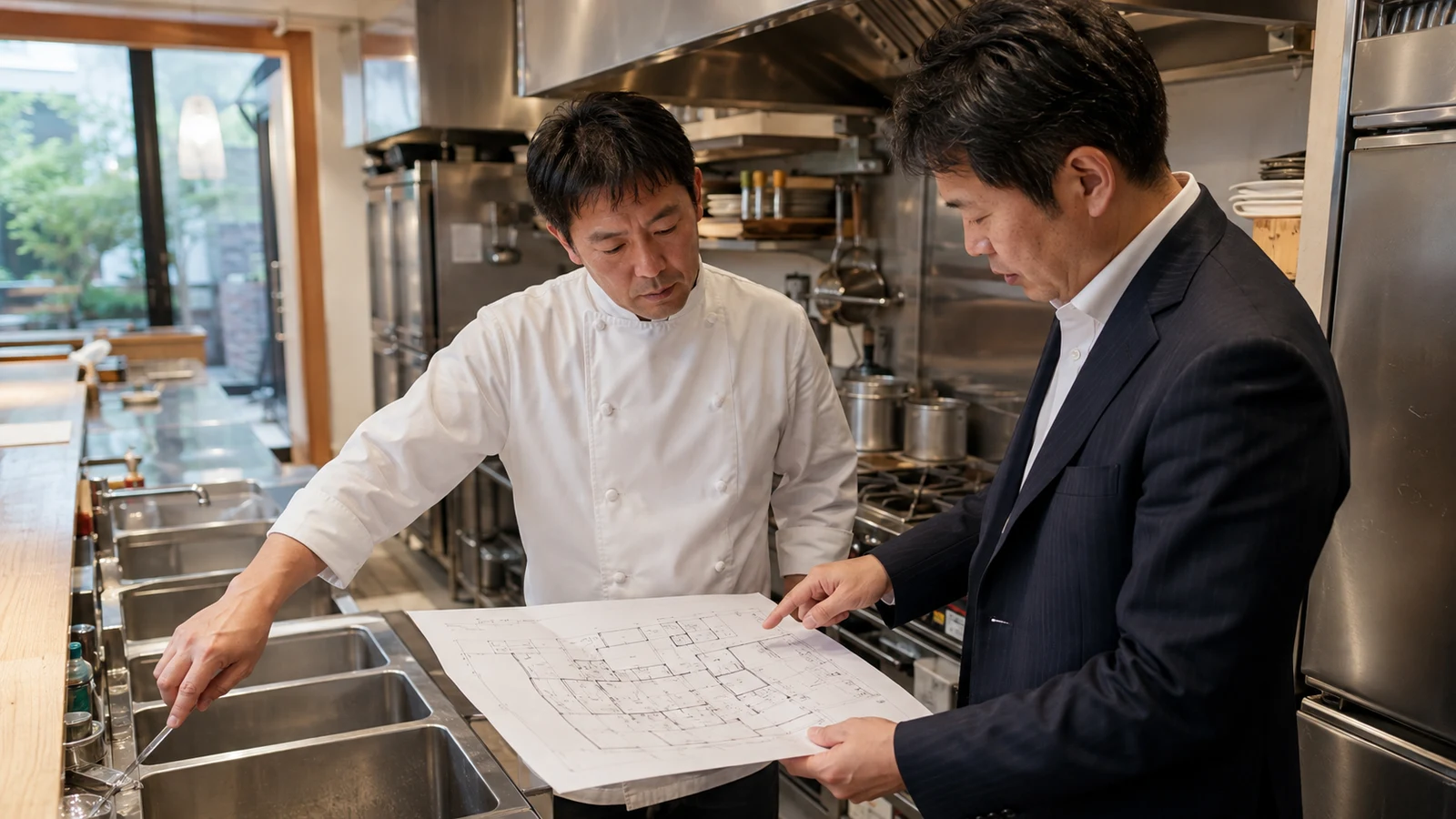 店舗M&Aの担当者が、飲食店営業と菓子製造業の許可単位、厨房区画、設備、契約を譲渡対象表で分けている。