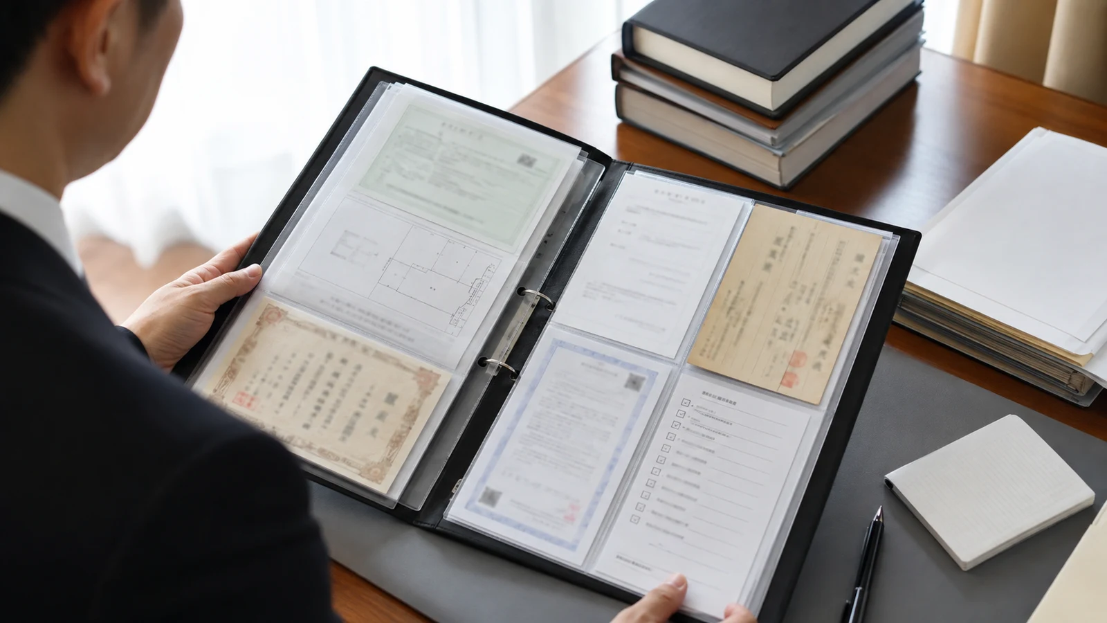法務局への相談用ファイルに登記事項証明書、戸籍、住所年表、取得不能証明、登記済証、固定資産税資料が整理されている。