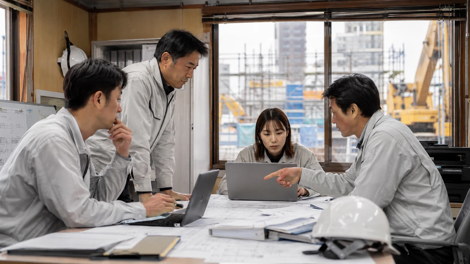建設会社の担当者が工事別の退職金ポイント購入額、対象技能者数、予定就労日数、追加購入を資金表で確認している。