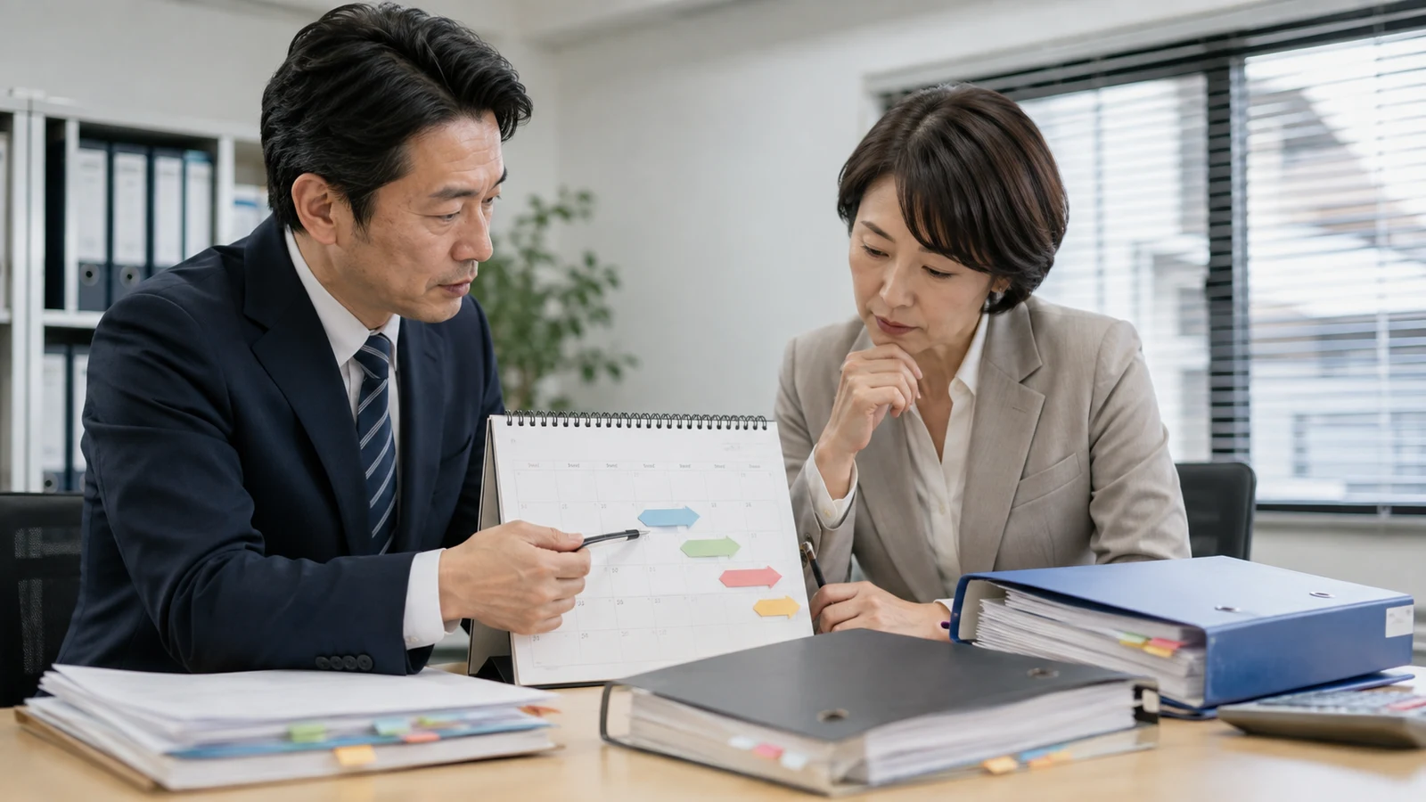 補助事業担当者と税理士が、事業完了、補助金確定、消費税申告、仕入控除税額報告、返還の期限を年間カレンダーで接続している。