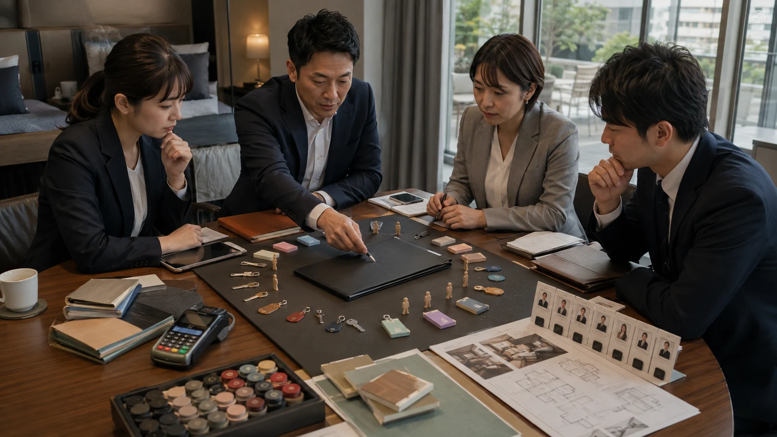 ホテルM&Aの担当者が契約締結、承継申請、行政承認、譲渡効力、予約切替の順序をクロージング表で確認している。
