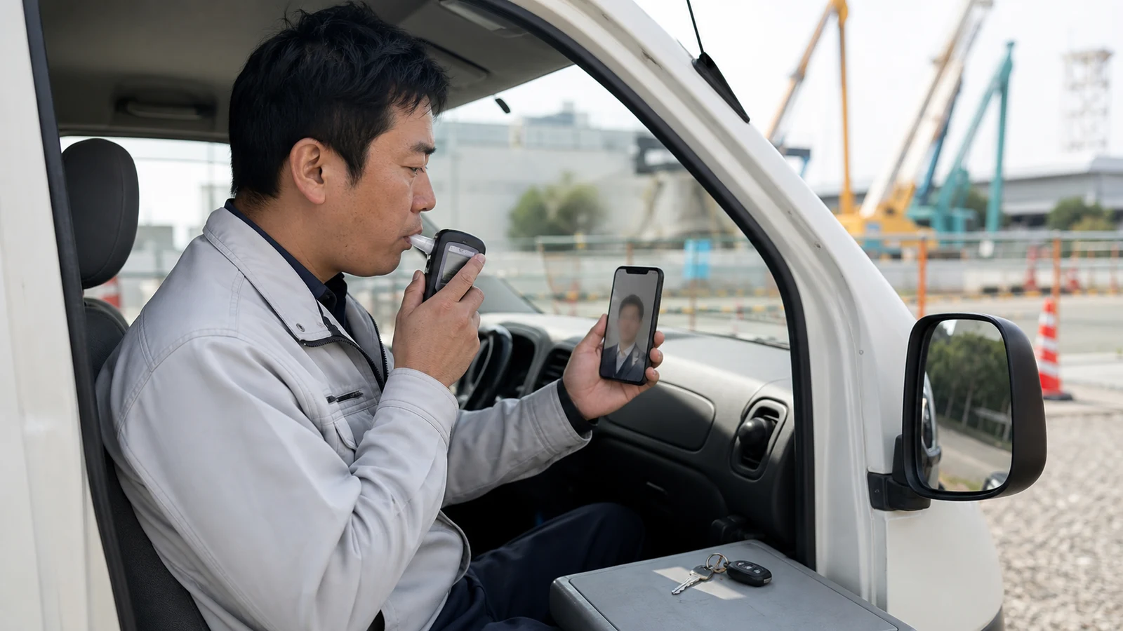 出張先の運転者が映像通話で本人と検知器の表示を示し、営業所の管理者が社用車の出庫を遠隔承認している。