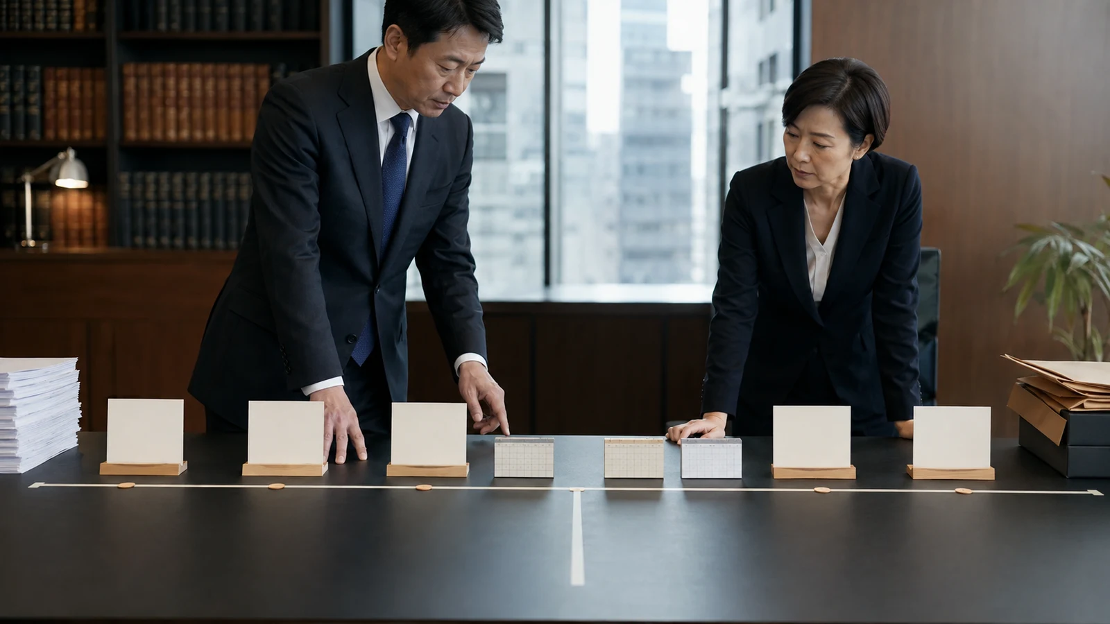 法務担当者が株主決議、登記申請、調査機関への依頼、公告開始、掲載監視、公告終了を一本の工程表へ並べている。