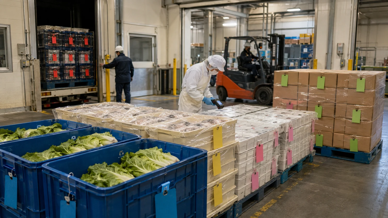 食品工場の担当者が原料ロットから製造日、包装資材、倉庫、販売店までを双方向の追跡図で確認している。