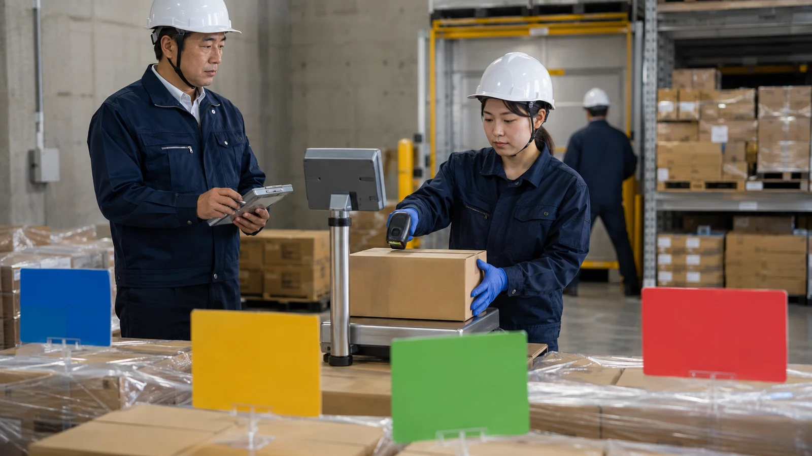 品質保証担当者が回収品の隔離区域で、製造数、在庫、販売数、回収数、廃棄数、所在不明数を照合している。