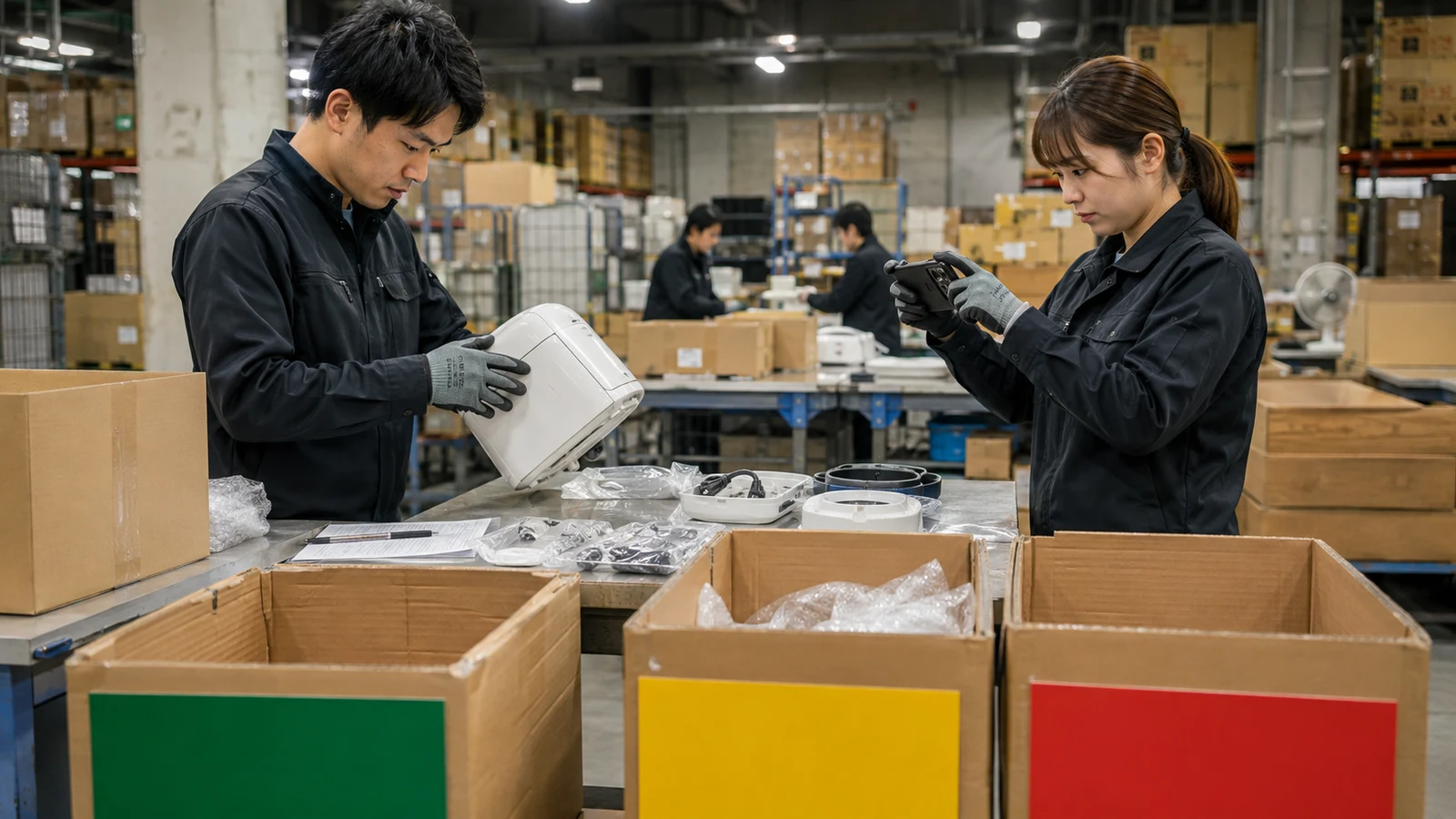 返品センターの担当者が返送商品の外観、型番、付属品、不良箇所を撮影し、再販・修理・廃棄へ仕分けている。