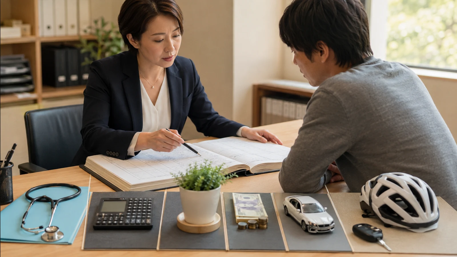 被災者支援担当者が治療費、休業、慰謝料、物損を日付別に分け、労災と自賠責の支払先を照合している。